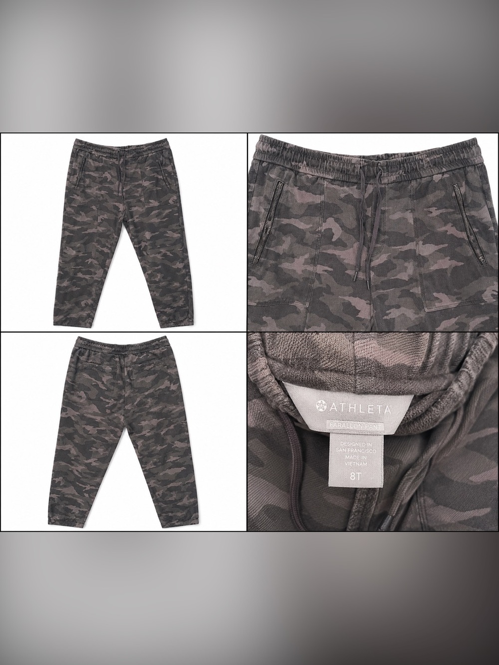 Athleta Farallon Pant Camo Joggers |Women’s Size 8 Tall |Zip Pocket Drawstrinf